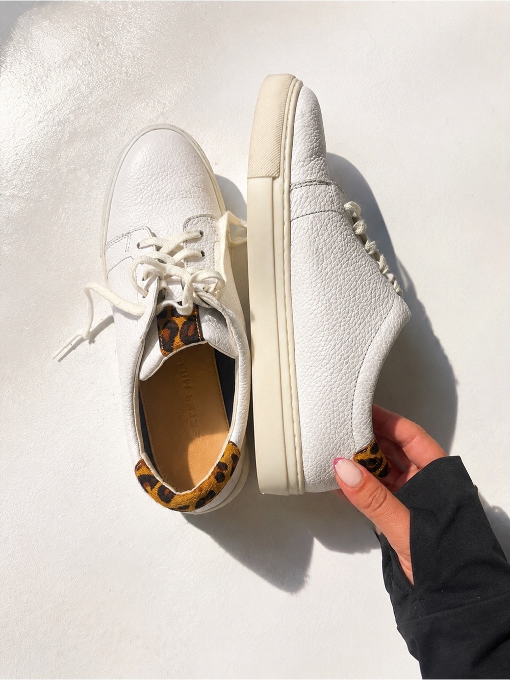 Peter Millar White Leather Sneakers with Leopard Heel Tab | Size 8